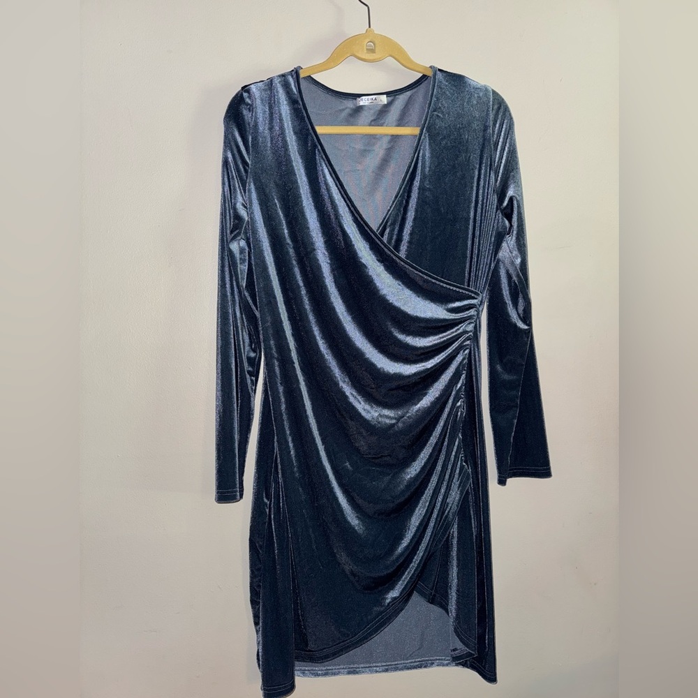 Blue Velvet Wrap Style Long Sleeve  Dress